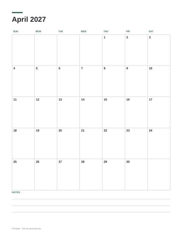 April 2027 Calendar printable preview