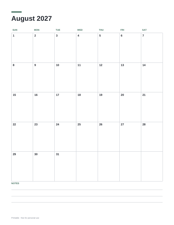 August 2027 Calendar printable preview