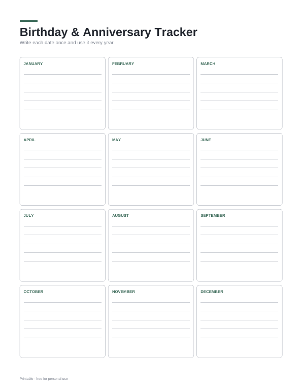 Birthday & Anniversary Tracker printable preview