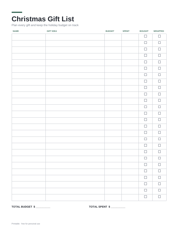 Christmas Gift List printable preview