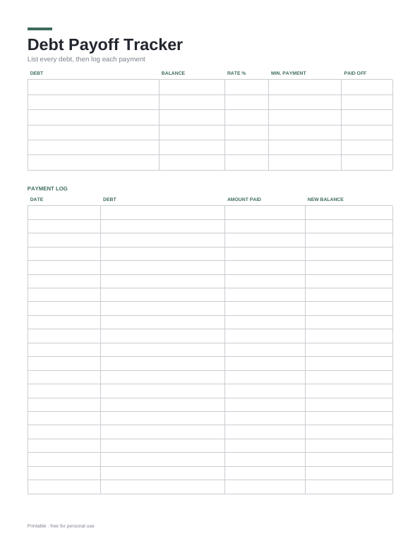 Debt Payoff Tracker printable preview