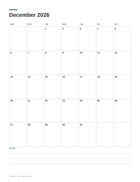 December 2026 Calendar printable preview