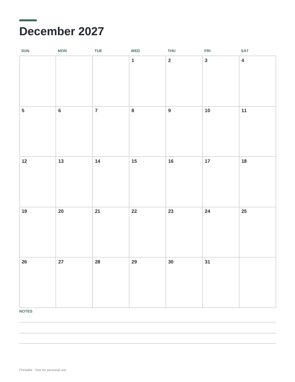 December 2027 Calendar printable preview