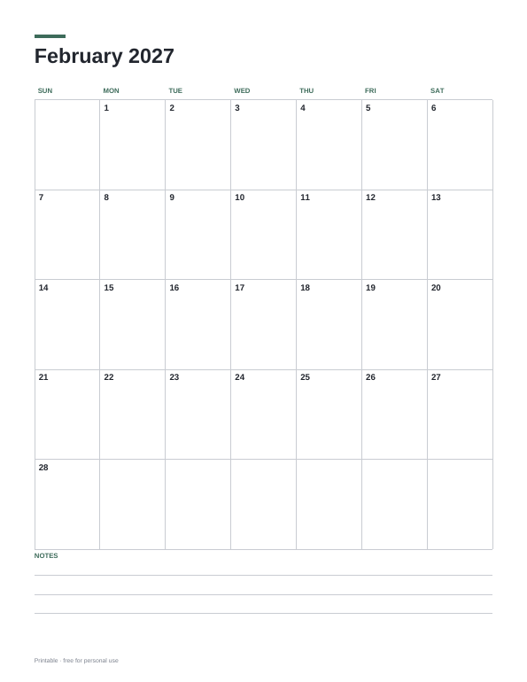 February 2027 Calendar printable preview