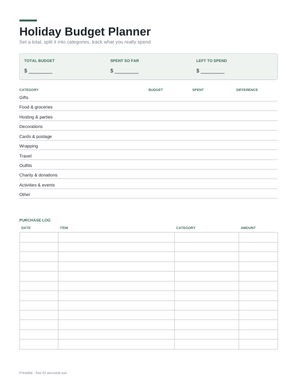Holiday Budget Planner printable preview