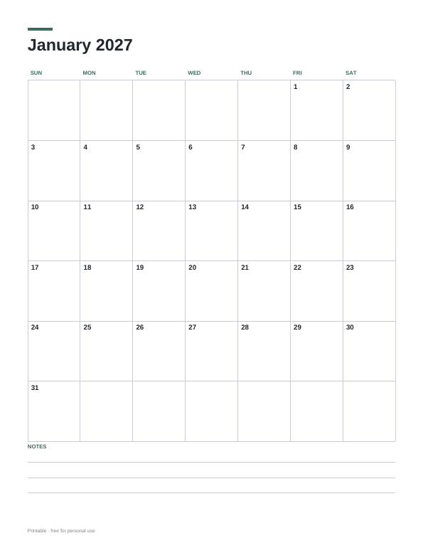 January 2027 Calendar printable preview
