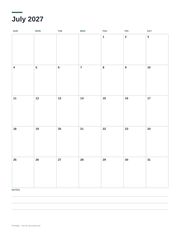 July 2027 Calendar printable preview