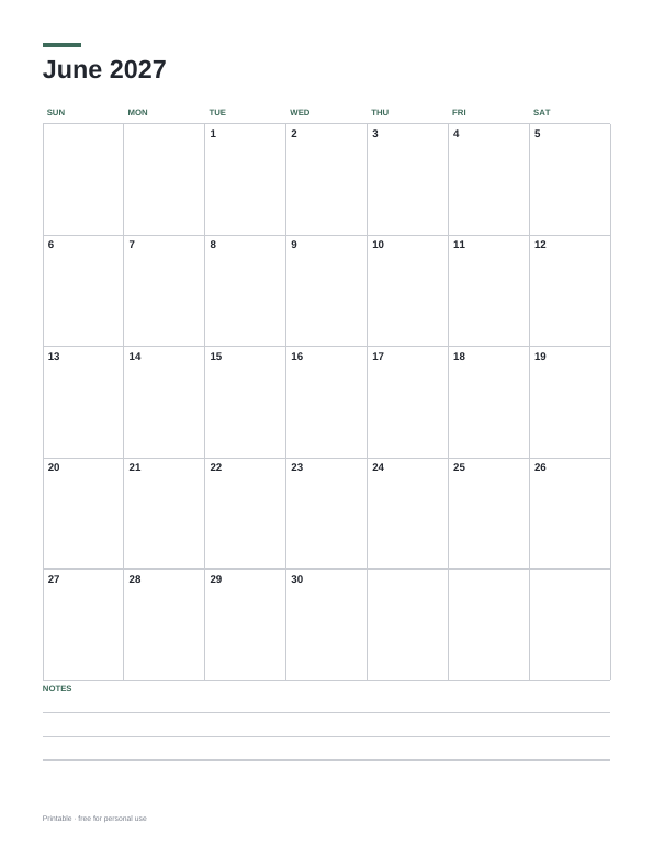 June 2027 Calendar printable preview