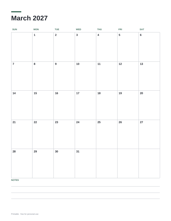 March 2027 Calendar printable preview