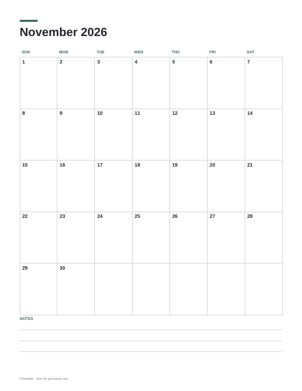 November 2026 Calendar printable preview