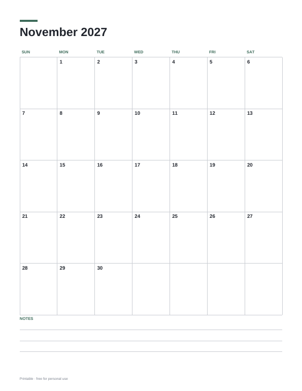 November 2027 Calendar printable preview