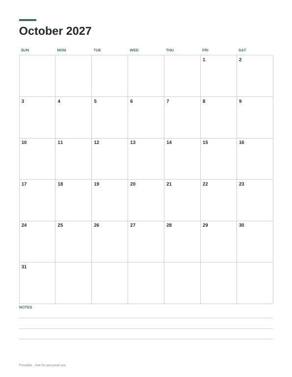 October 2027 Calendar printable preview