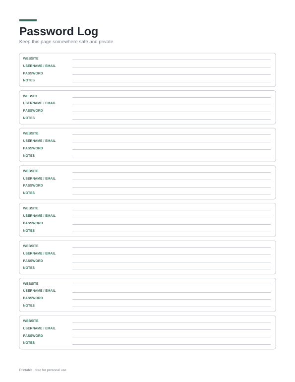 Password Log printable preview
