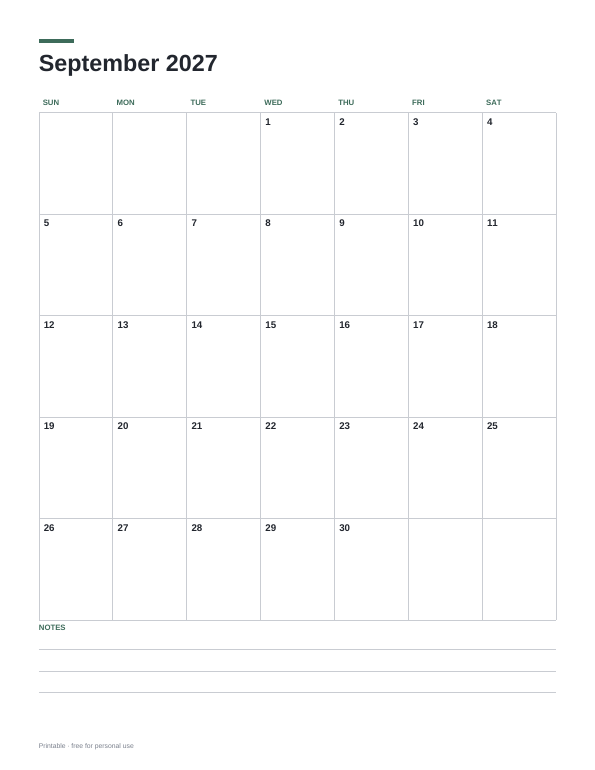 September 2027 Calendar printable preview