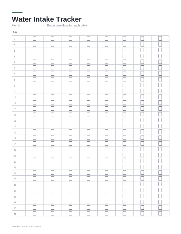 Water Intake Tracker printable preview